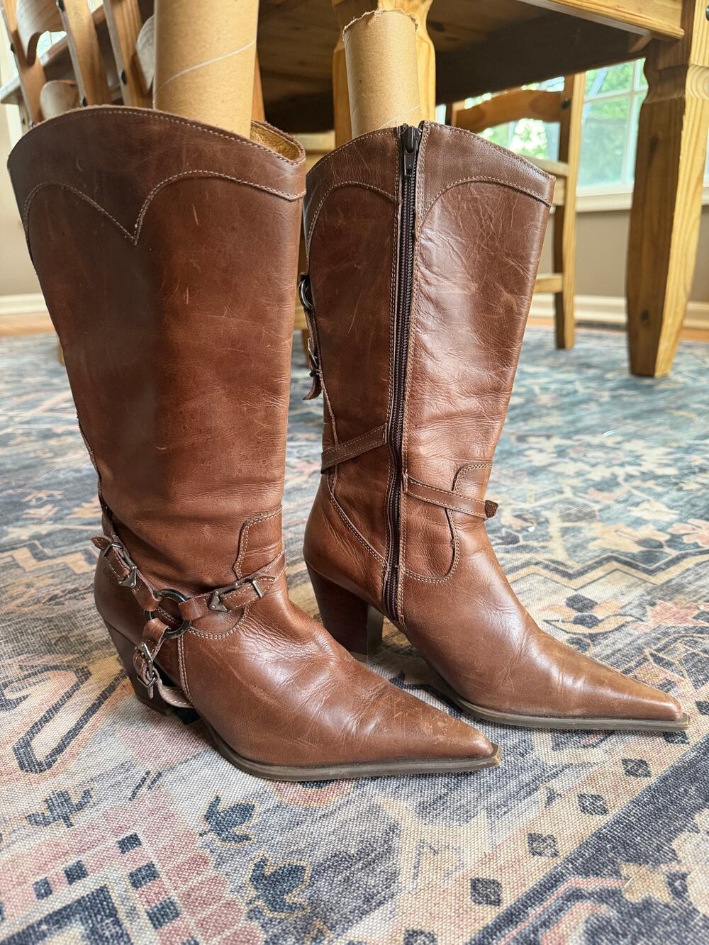 Vintage Y2K Destroy Spain Brown Leather Harness Western Boots Size EU 37/ US 6.5